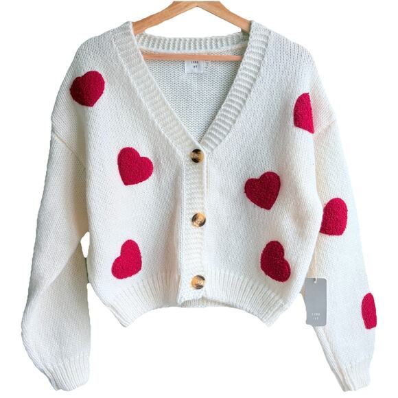 Luna Ivy Sweaters - Chunky Knit Textured Heart Cardigan Sweater Button Front V-neck Cream Red S